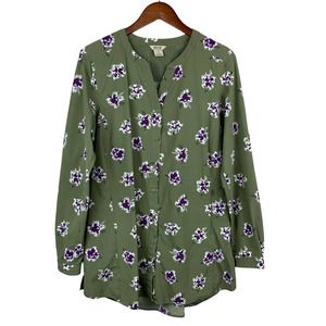 Duluth Trading Co Tunic Button Front Shirt Top Green Floral Outdoor Women’s M